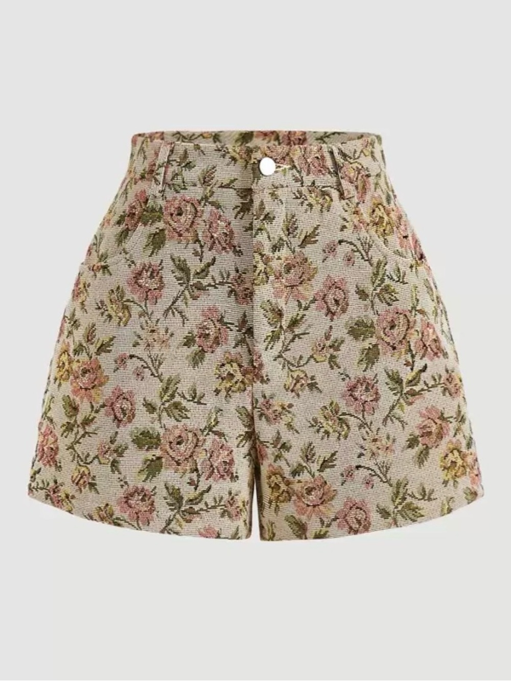 SHEIN Beige Floral High-Waist Tapestry Shorts with Pink Roses